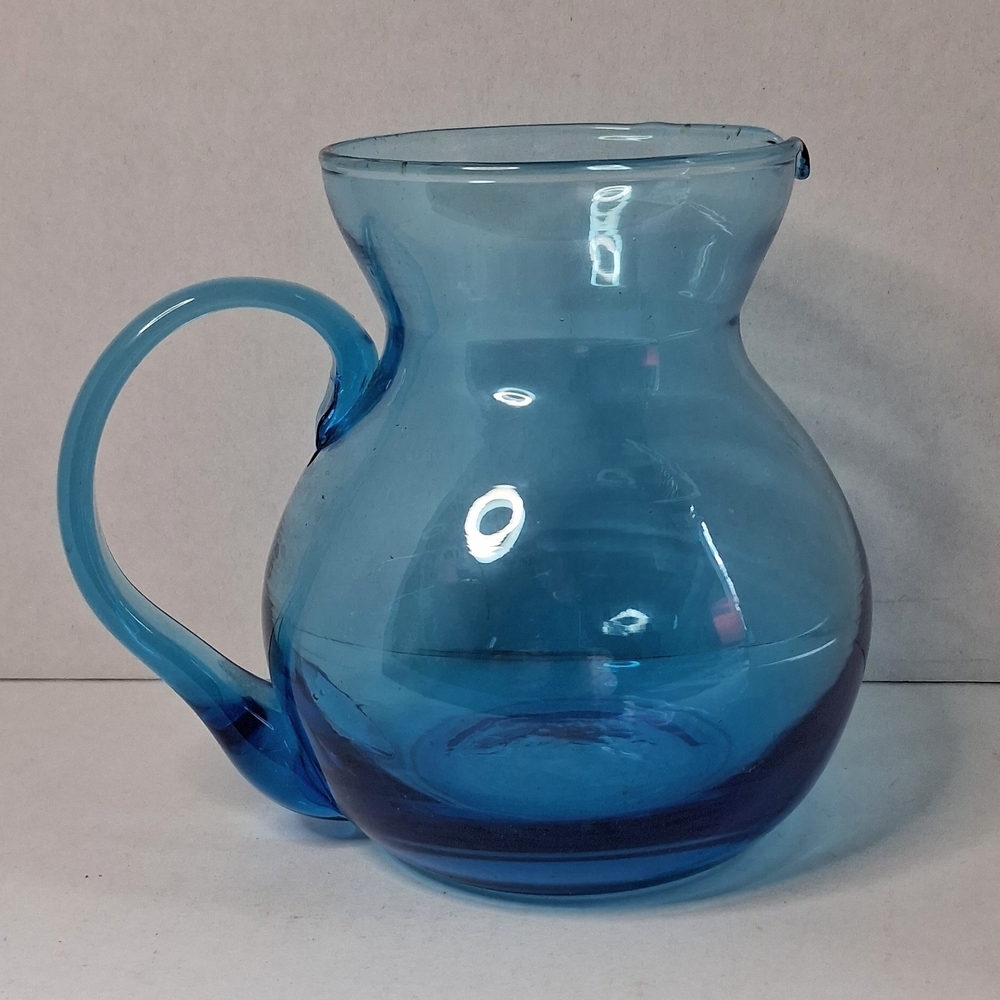 Vintage MCM Blue Glass Art Blown Mini Pitcher 4" Cottagecore Clear